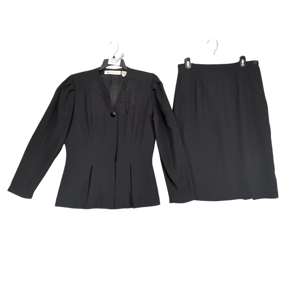 Vintage 80s‎ Ms Chaus Black 2pc Blouse & Skirt Set Womens 12 Embroidered Career
